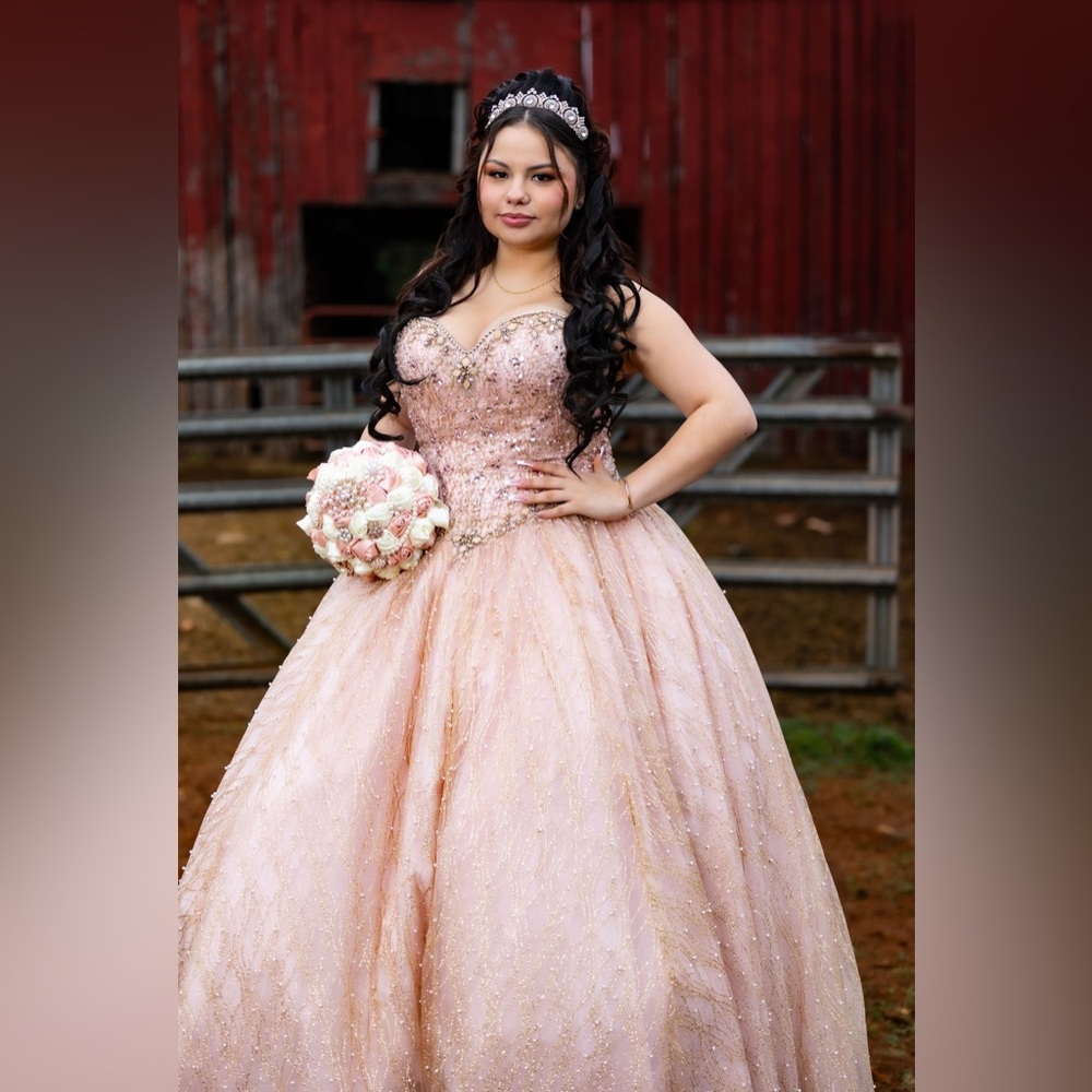 Morilee Madeline Gardner XV años Dress Rose Gold Sz 14 w/ Corset - Picture 1 of 11